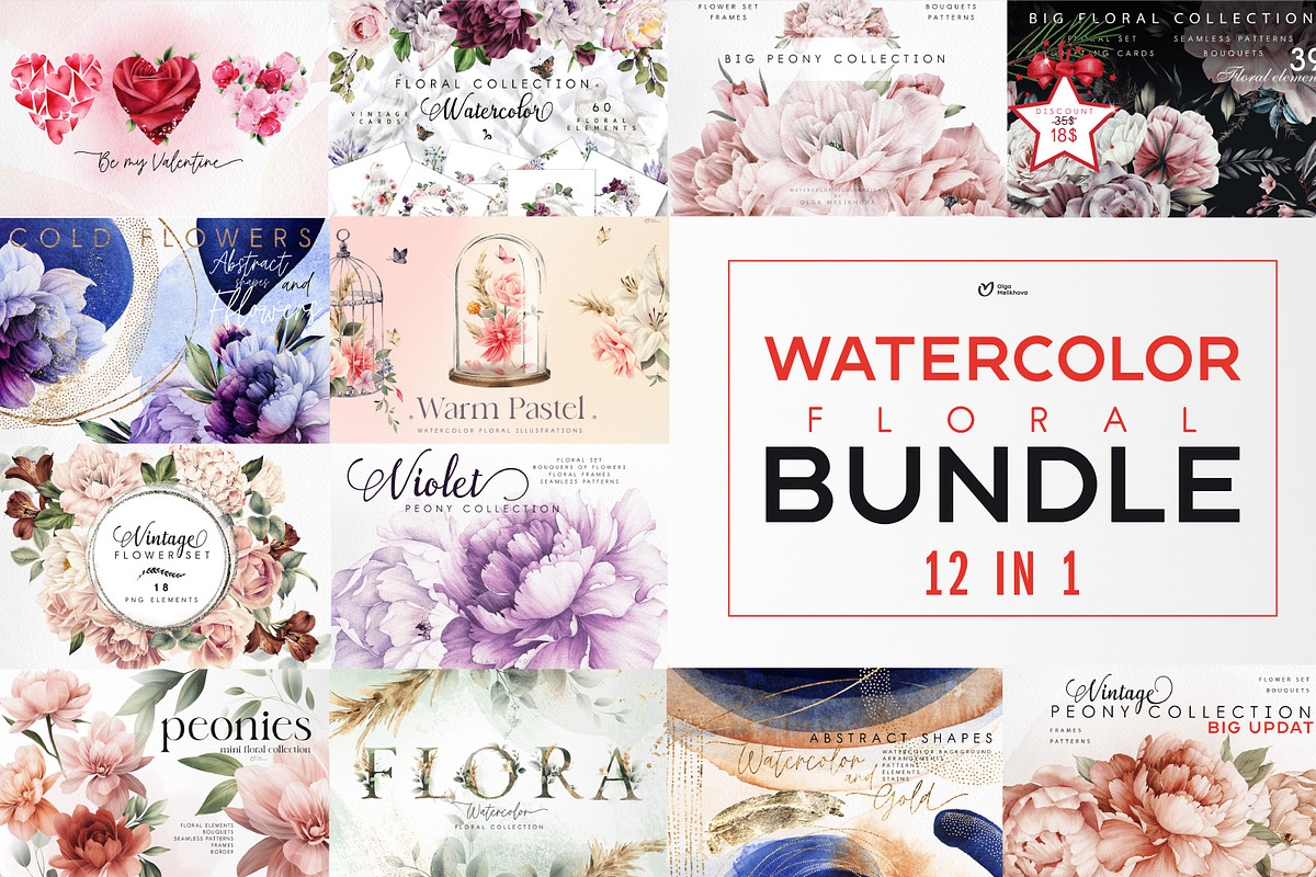Watercolor Floral Bundle, a Texture Illustration by ollalya (Photo 1 of 112)