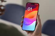 Phone 15 Pro Mockup in Hand, an iPhone Mockup by Asylab (Thumbnail 1 of 4)