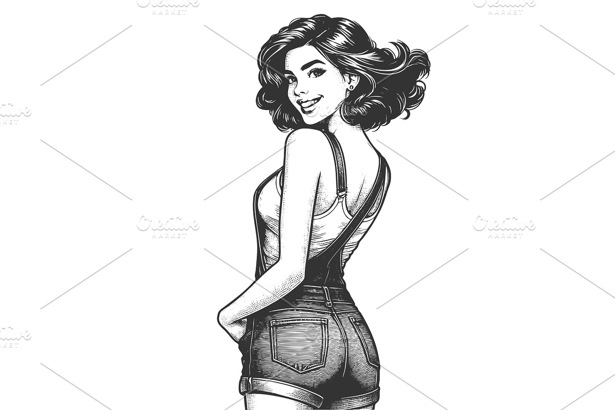 Smiling Woman in Overalls engraving, a Person Illustration by AlexArt