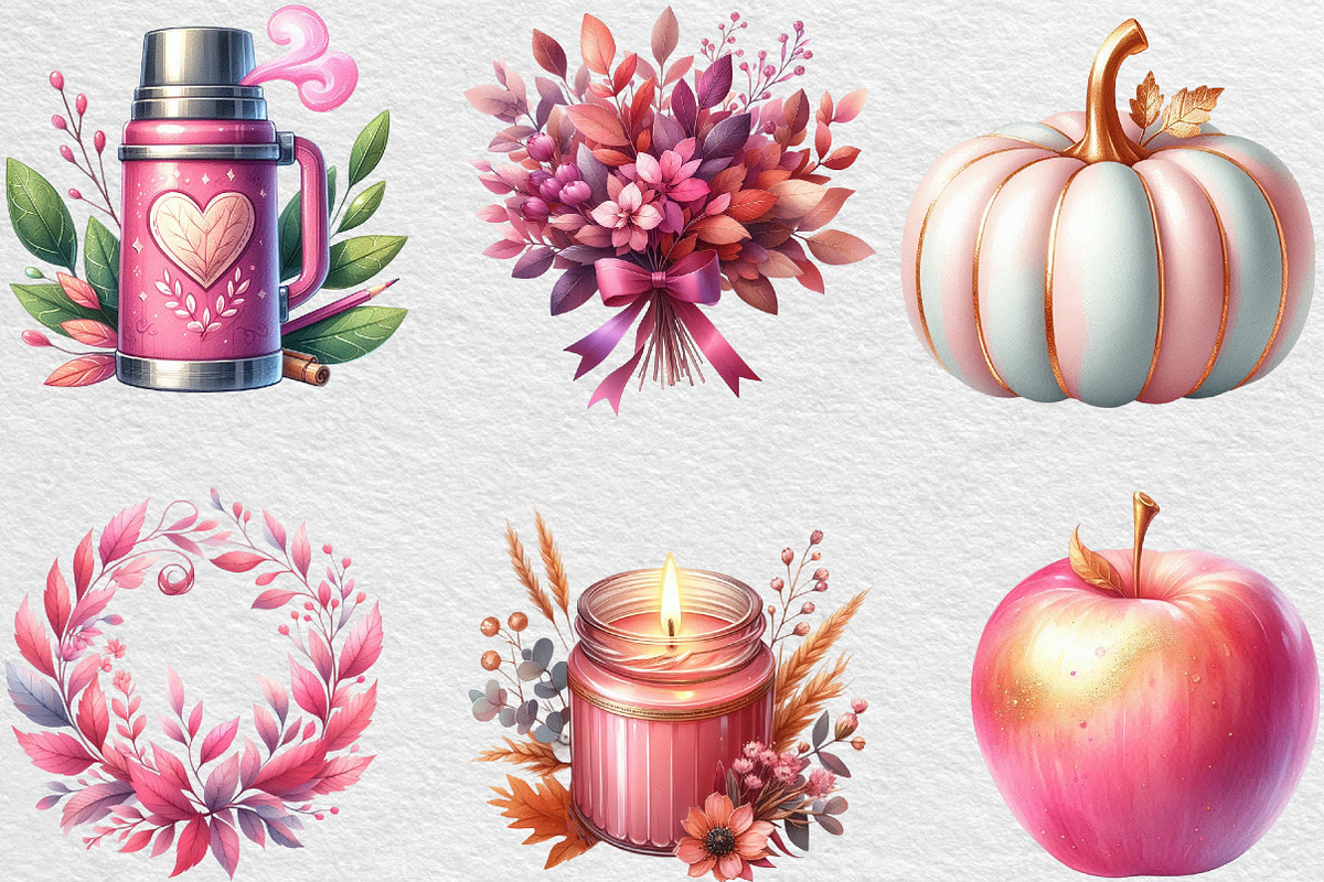 Watercolor Pink Autumn Fall Clipart, an Illustration by Black Bird Studio (Photo 4 of 4)