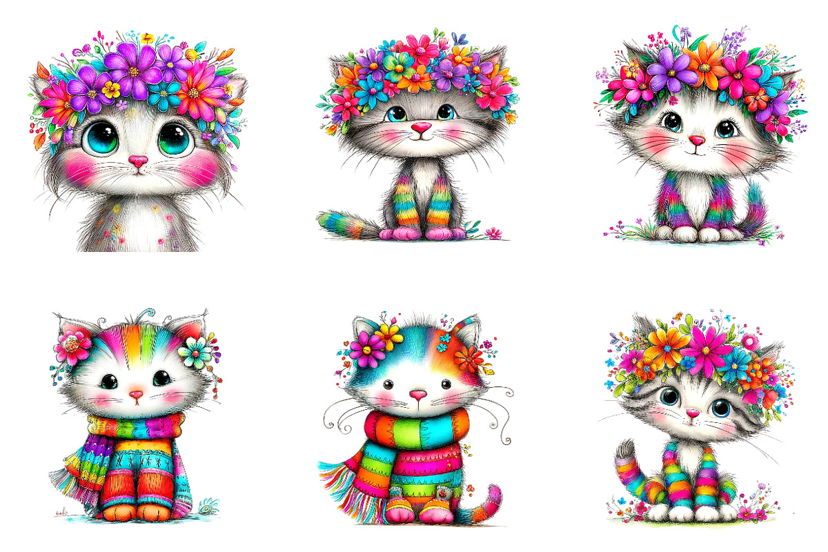 Whimsical Spring Cats Clipart, an Illustration by CreationArt (Photo 5 of 7)