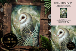 Barn Own in Ferns Illustration