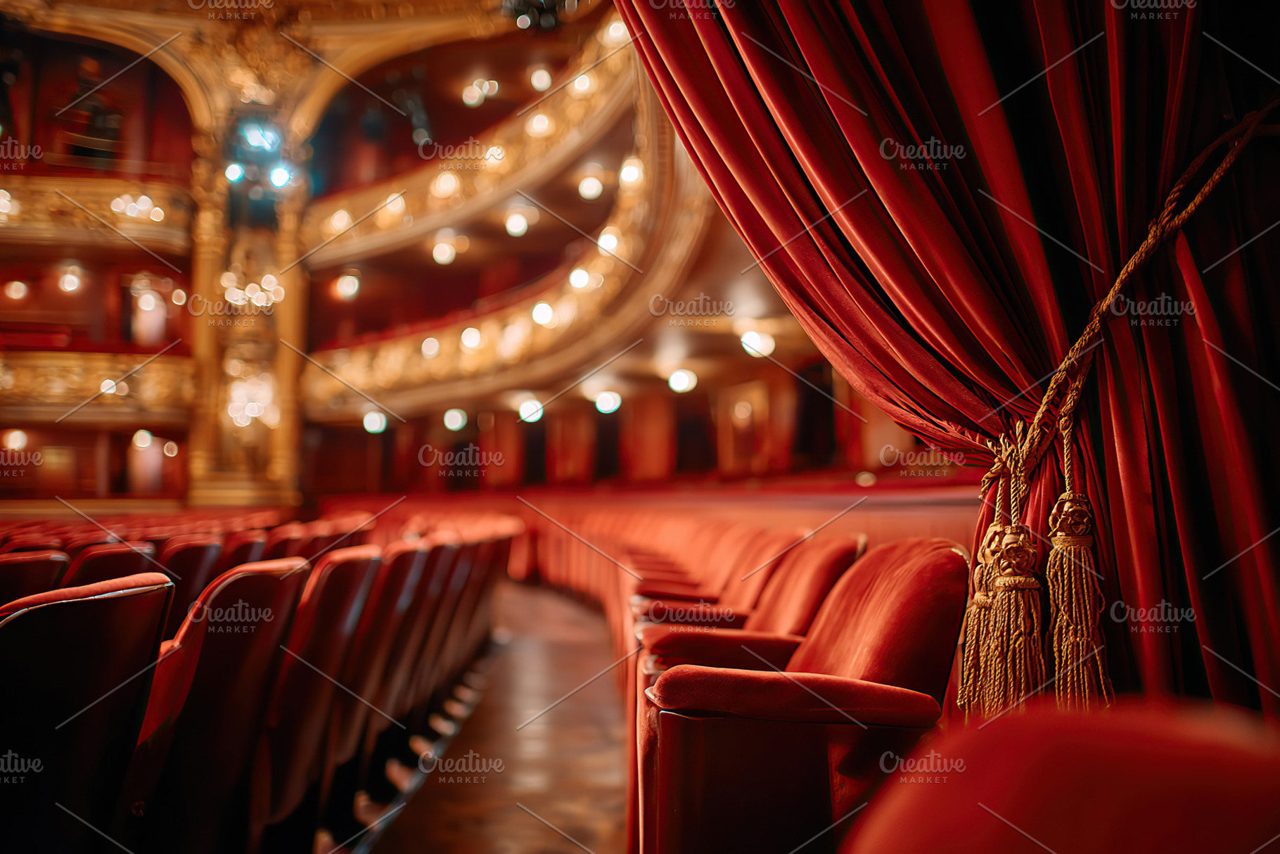 Elegant theater interior featuring classic wooden design and plush red seating, a Photo by AlyaAnd