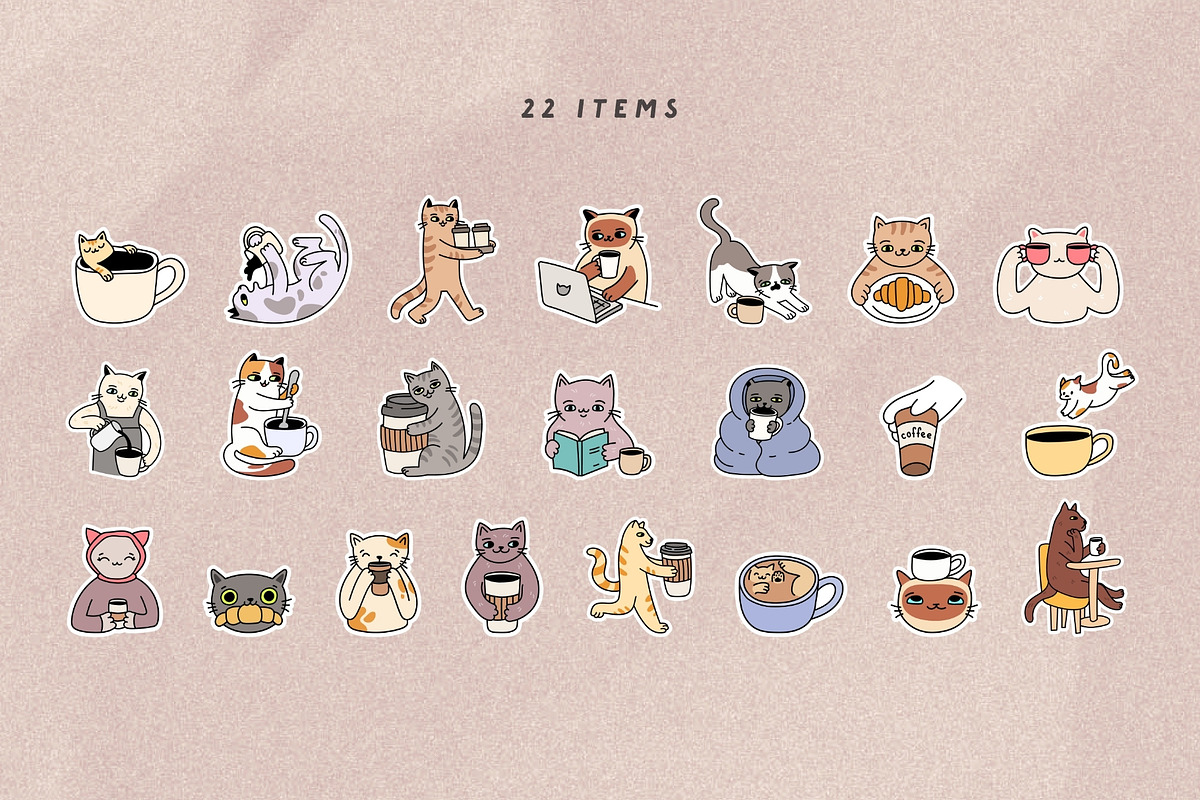 22 Hand Drawn Cats & Coffee Stickers, a Food Illustration by Kristina Chistiakova (Photo 3 of 7)