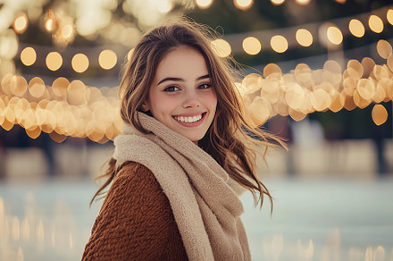 Woman smiles while ice skating at a winter rink surrounded by beautiful twinkli, a Person Photo by AlyaAnd