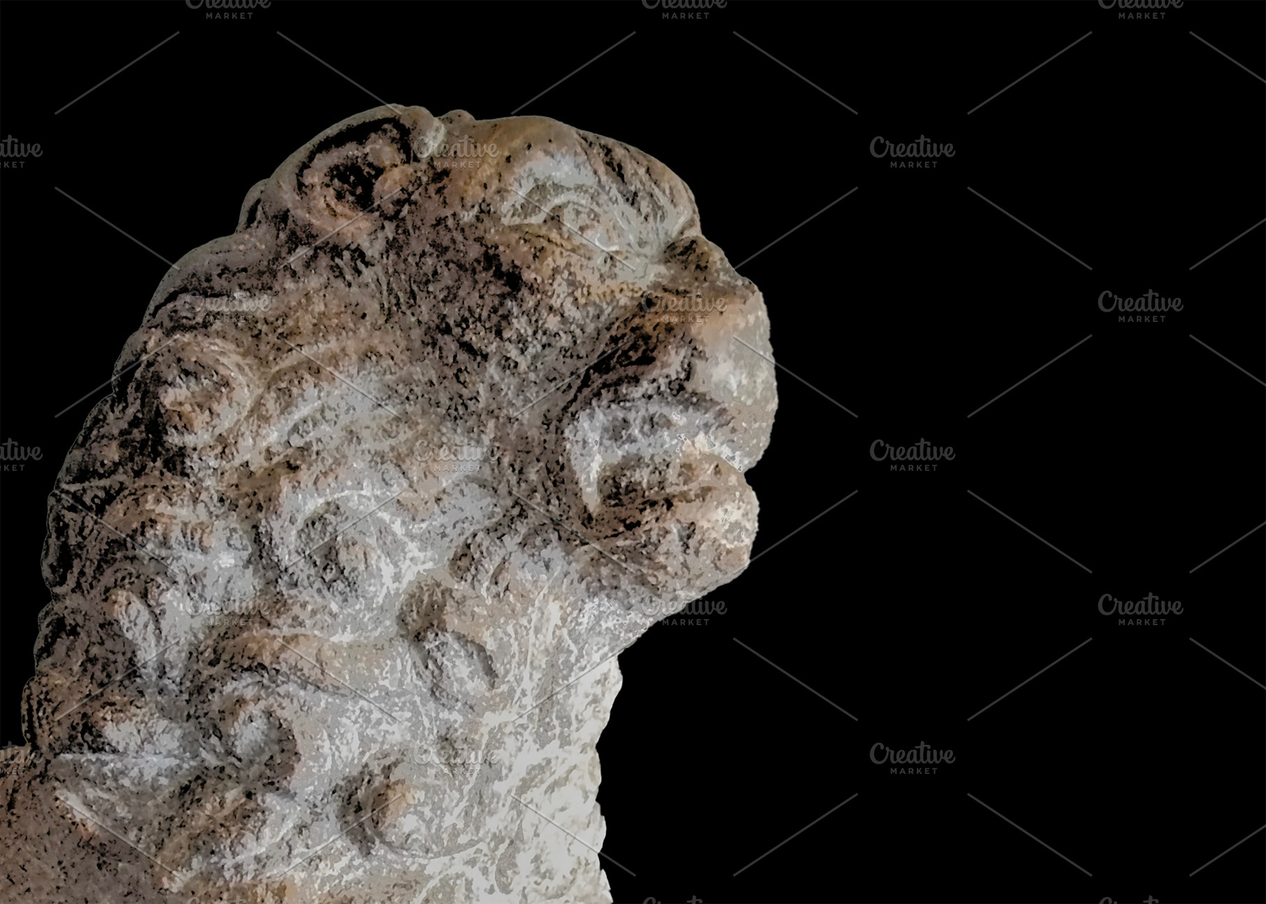 Weathered lion statue against black background, an Arts & Entertainment Photo by DanFLCreativo