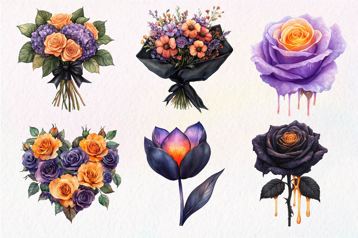 Watercolor Halloween Flowers Clipart, an Illustration by Dream Creation (Photo 2 of 7)