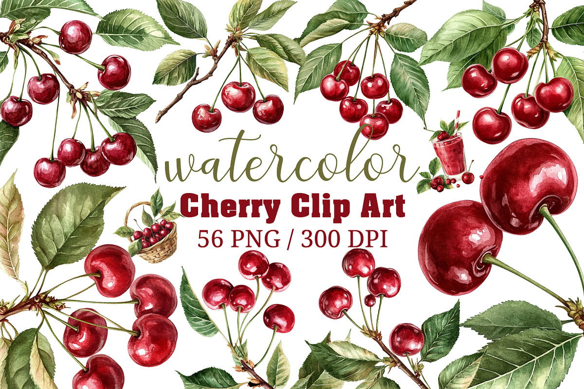 Watercolor Cherry Clip Art, an Illustration by Craft Nest (Photo 1 of 12)