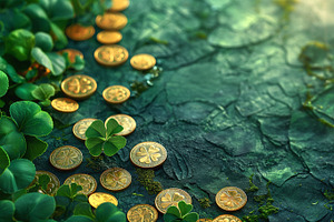 A serene scene featuring golden coins scattered among vibrant green clovers, ev, a Business Photo by ImageMir