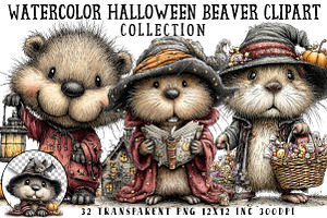 Watercolor Halloween Beaver Clipart, a Seasonal Illustration by OK Design