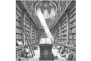 Grand vintage library filled with, an Education Illustration by AlexArt