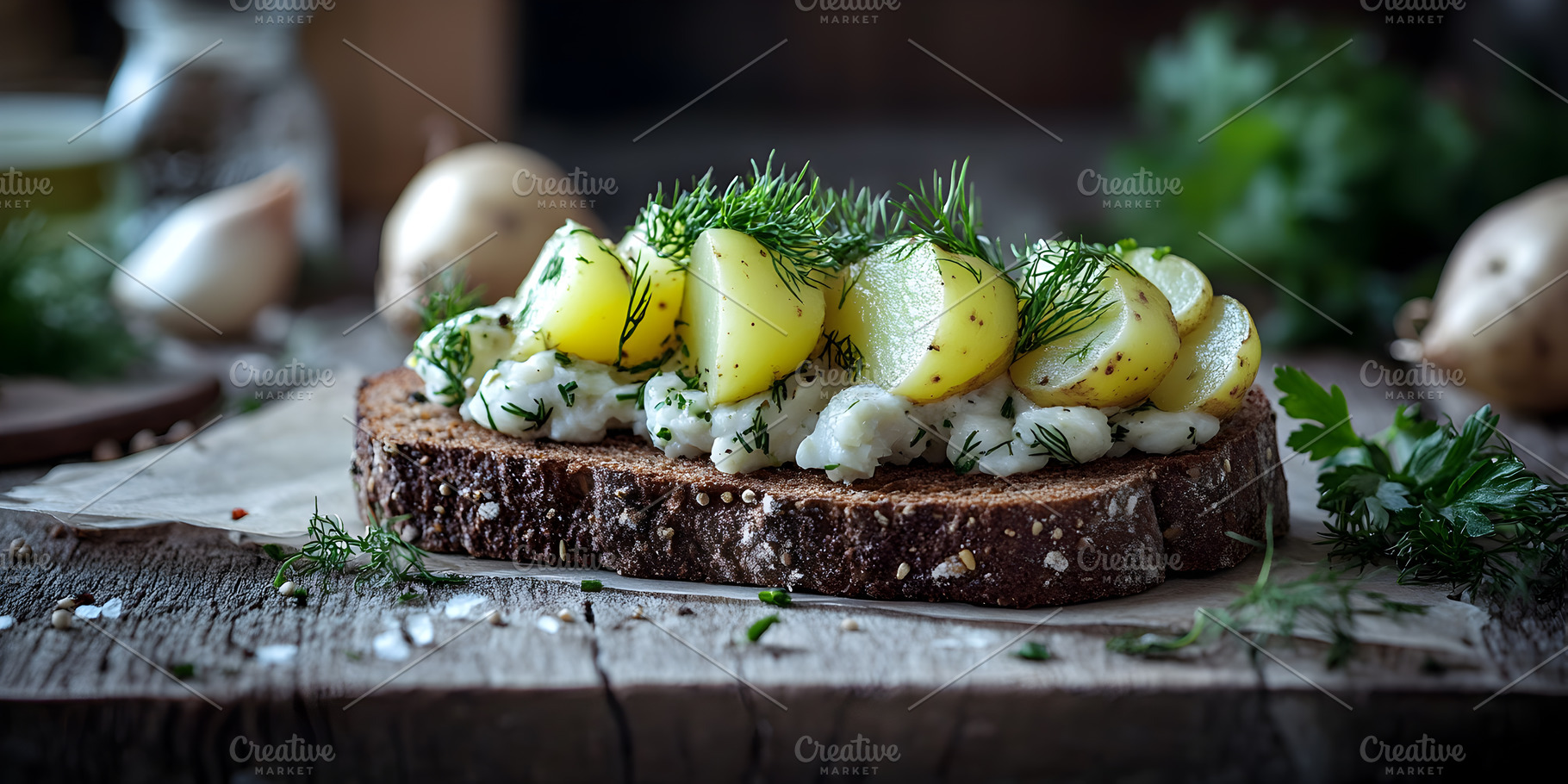 Rye bread with mashed potato and fre, a Food & Drink Photo by Photostock