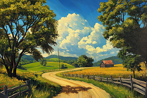 Barn and Fields Under Blue Sky Poste, a Decorative Illustration by Art Paradise Studios