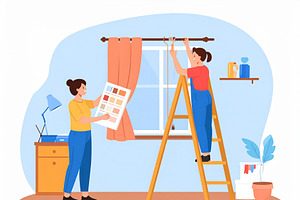 Cartoon illustration of two interior decorators working together, a Person Illustration by DanFLCreativo