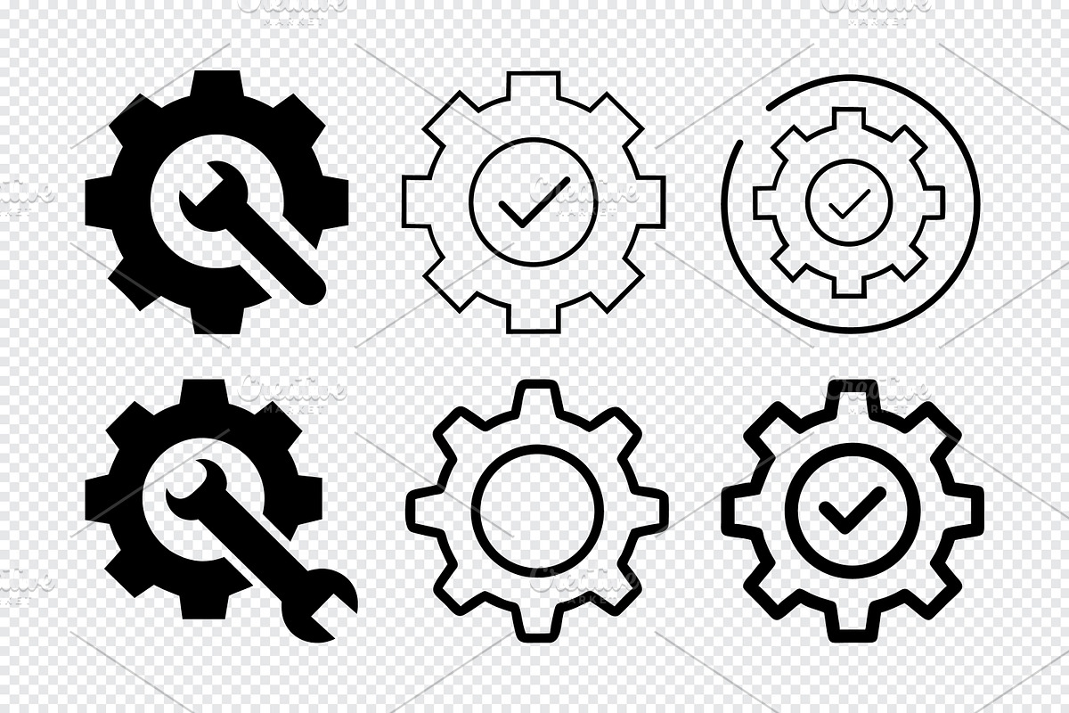 Gear and wrench icons with checkmark, an Icon by Toufiqul