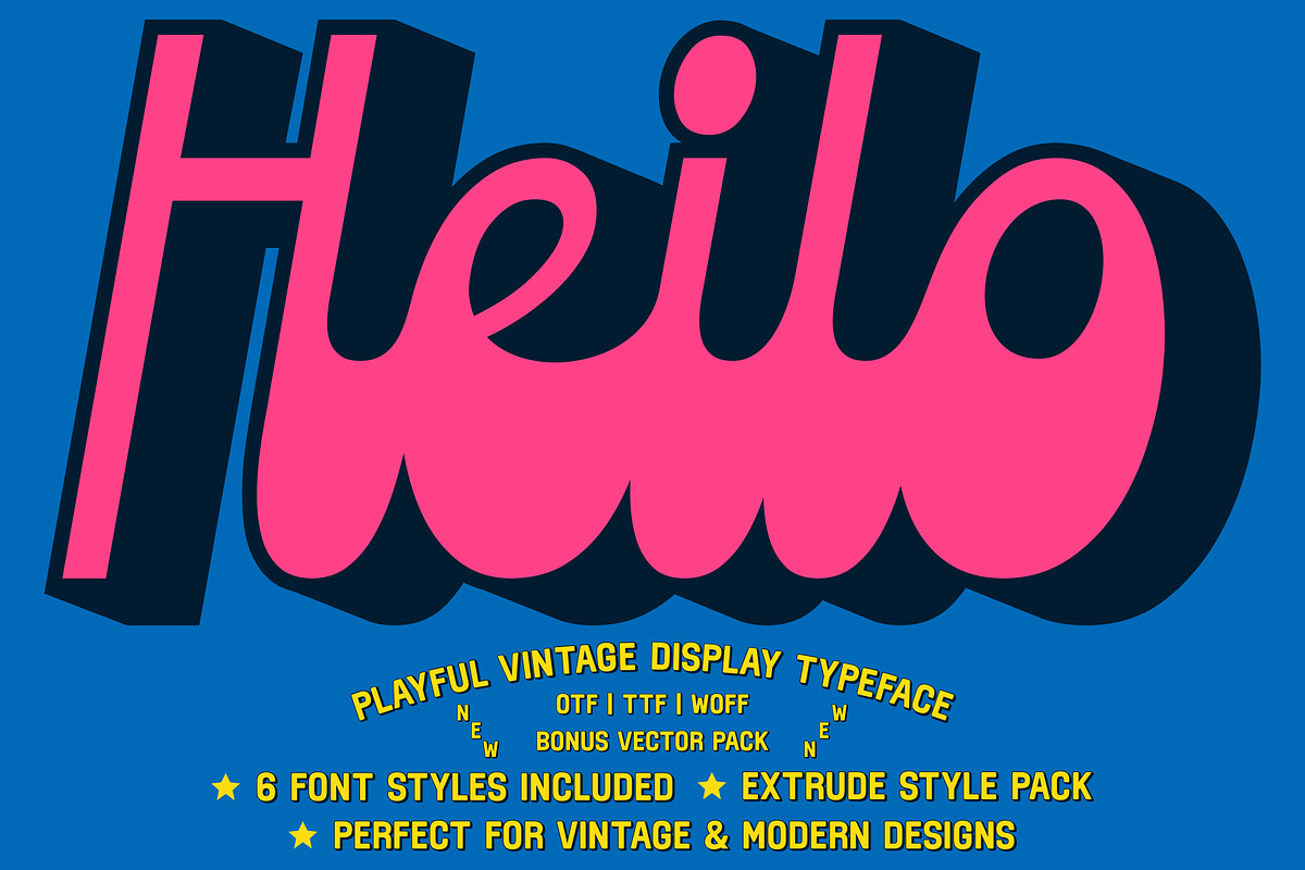 Heilo - Playful Vintage Extrude, a Sans Serif Font by Fateh.Lab (Photo 1 of 17)