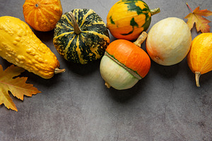 Autumn gourds and leaves creating a seasonal still life, a Food & Drink Photo by Olena Rudo