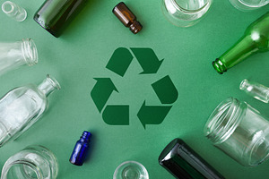 Glass containers on green base and recycling symbol in center, a Nature Photo by Davizro's Market