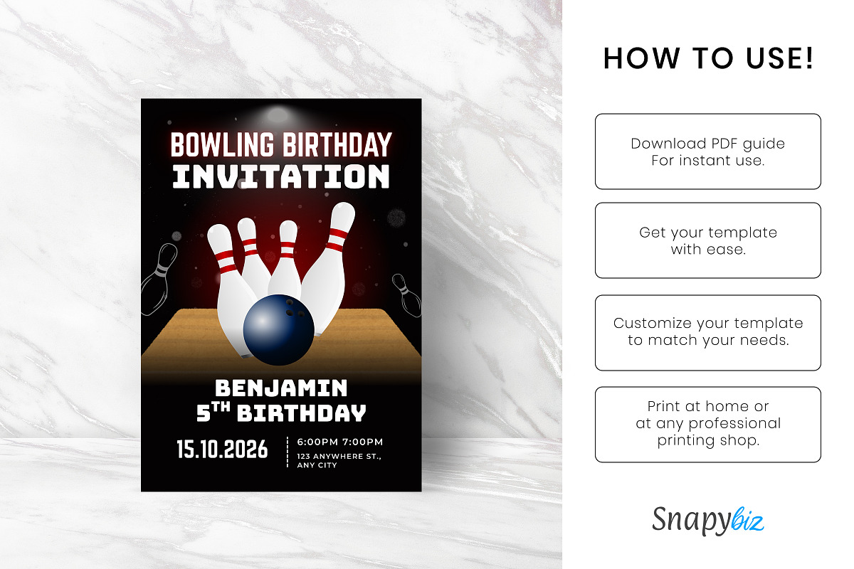 Editable Bowling Birthday Invitation, a Design Template by Snapybiz (Photo 5 of 9)