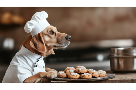 Dog wearing a chef hat and jacket, an Animal Photo by Sergey Kotenev