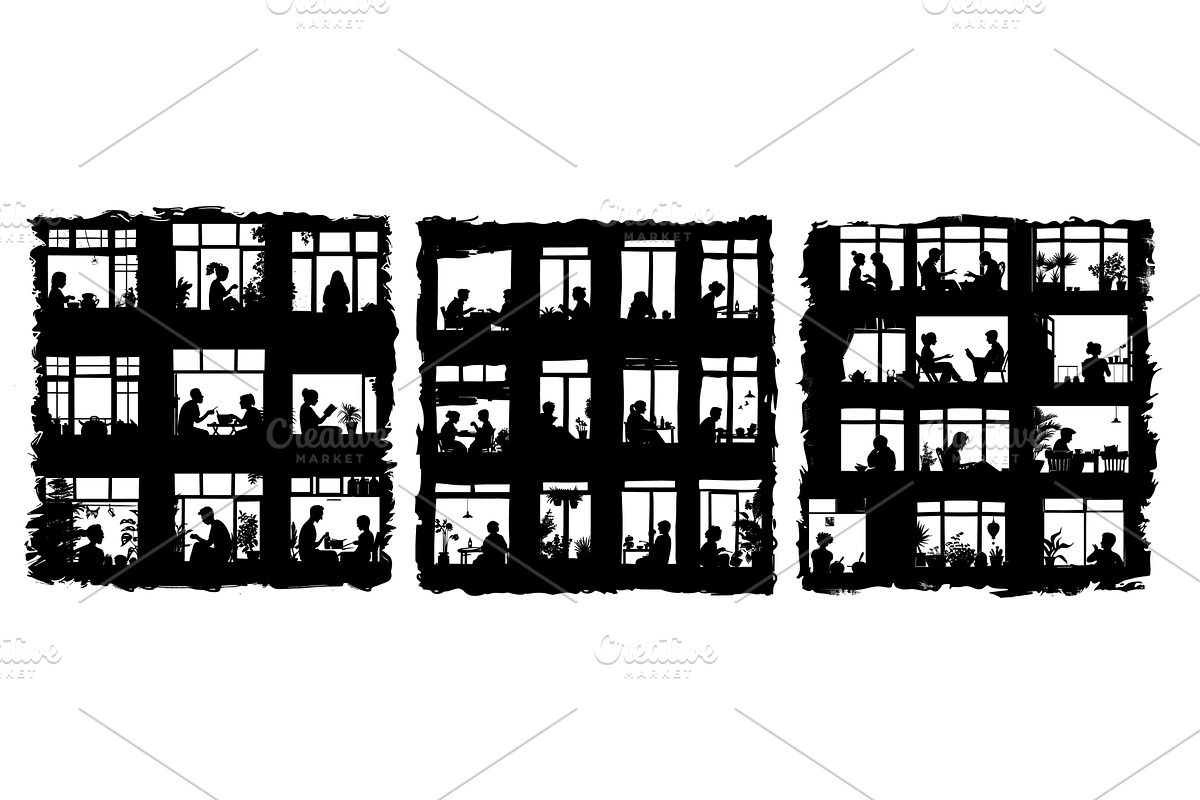 Windows neighbors black silhouettes, an Object Illustration by Valerie Bodnar