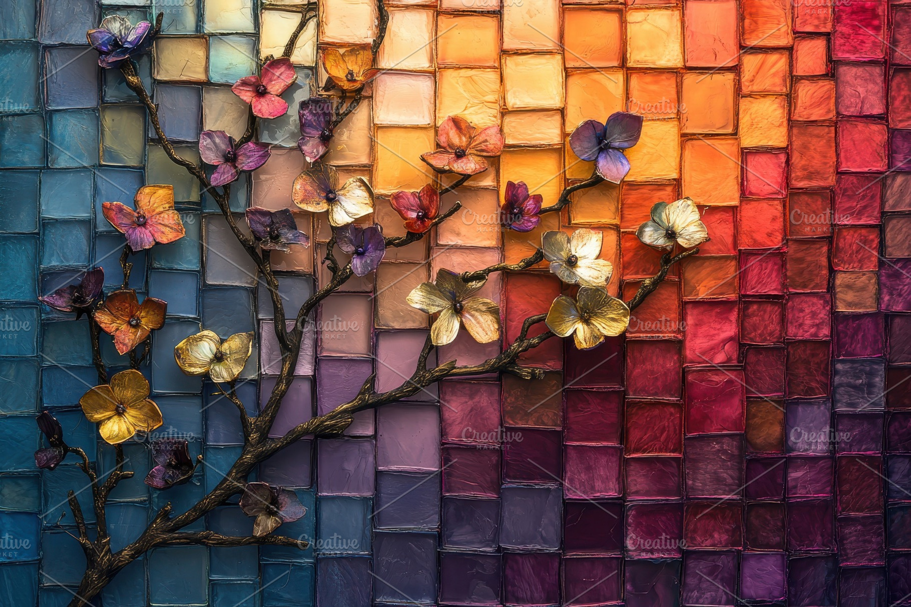 Colorful Floral Branch on Mosaic Bac, a Photo by Pixeness Studio