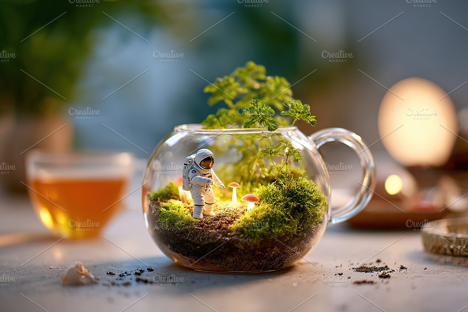 Tiny astronaut tends to plants inside a glass terrarium filled with moss and mu, a Food & Drink Photo by AlyaAnd