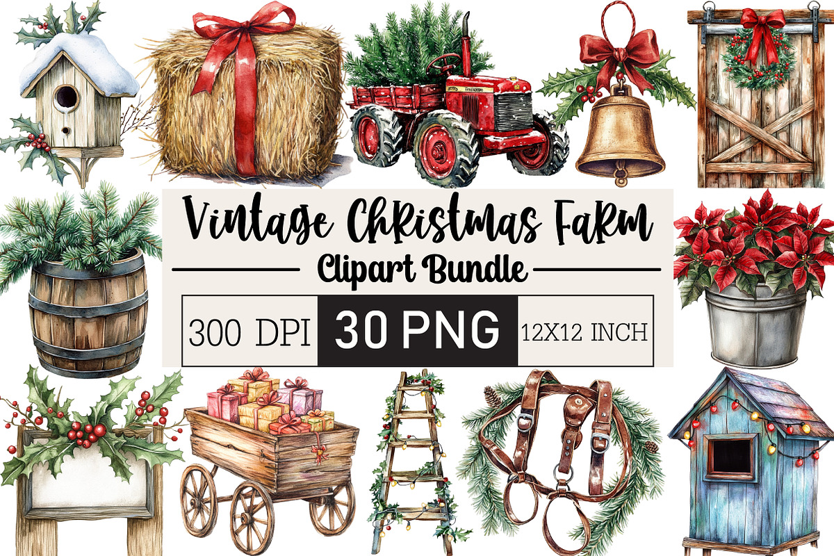 Vintage Christmas Farm Clipart, an Illustration by Black Bird Studio (Photo 1 of 6)