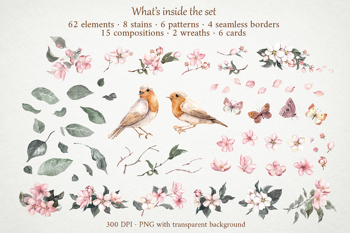 Apple Blossom Watercolor Clipart Set, a Seasonal Illustration by Where summer is (Photo 2 of 14)