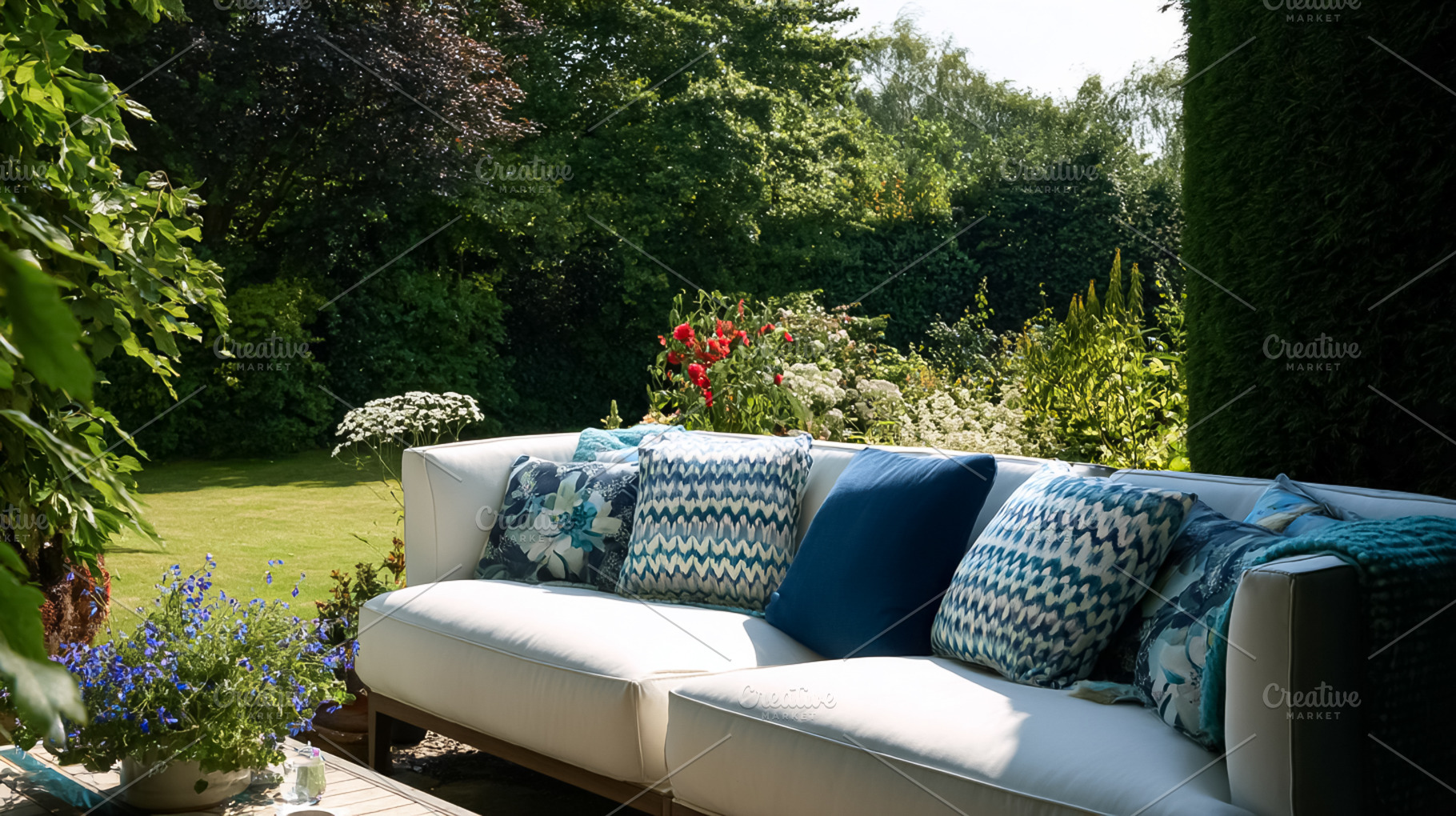 Outdoor patio sofa with blue accent pillows in a lush green summ, a Photo by Studio ANNA