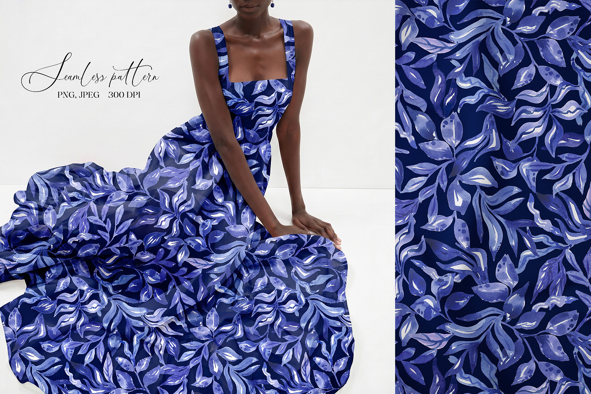 Blue Watercolor Foliage Repeat Print, a Pattern Graphic by SirenaArt (Photo 2 of 17)