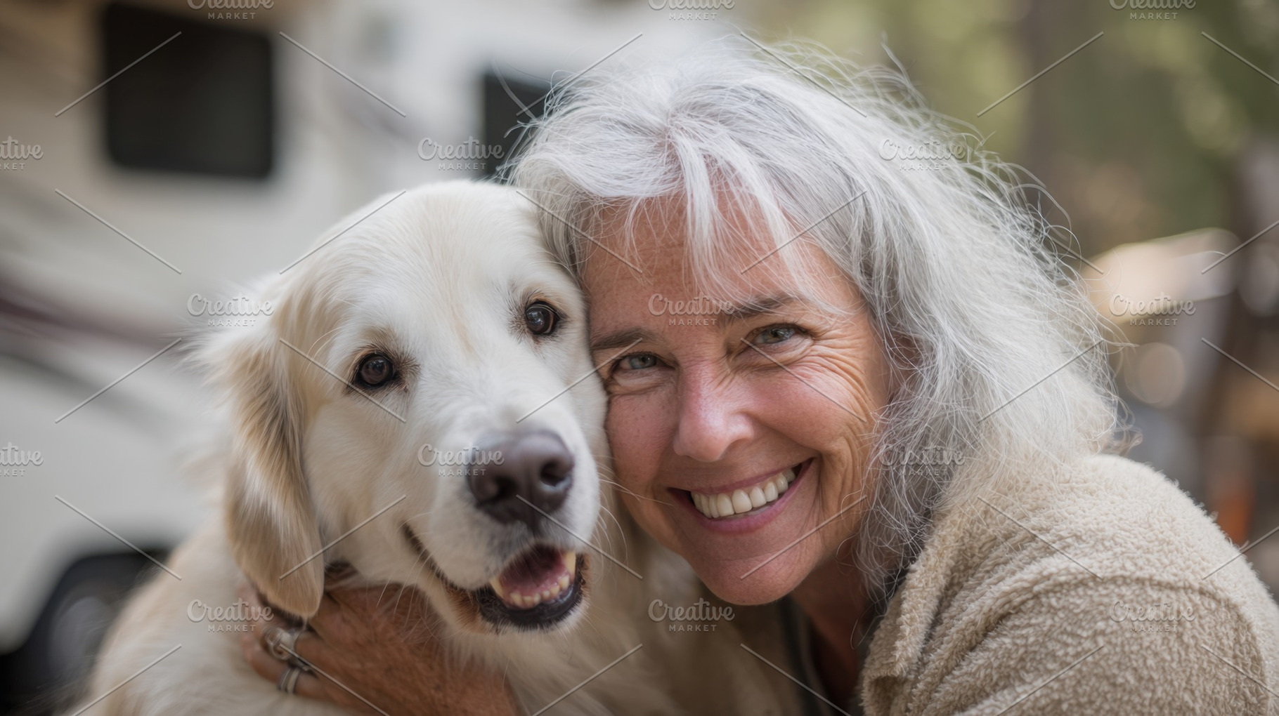 Woman hugs dog with joy by camper, a Photo by Beautiful things