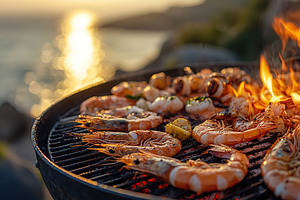 Grilling shrimp and squid near the waterfront at sunset, a Food & Drink Photo by AlyaAnd