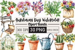 Gardening Day Watercolor Clipart, an Illustration by Black Bird Studio
