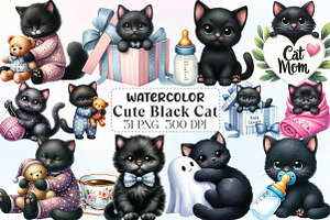 Watercolor Cute Black Cat Clipart, an Illustration by CraftArtStudio
