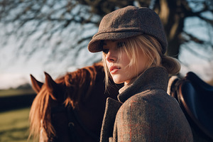 Elegant blonde woman in tweed cap and coat, looking thoughtful, posing with hor, a Person Photo by Studio ANNA