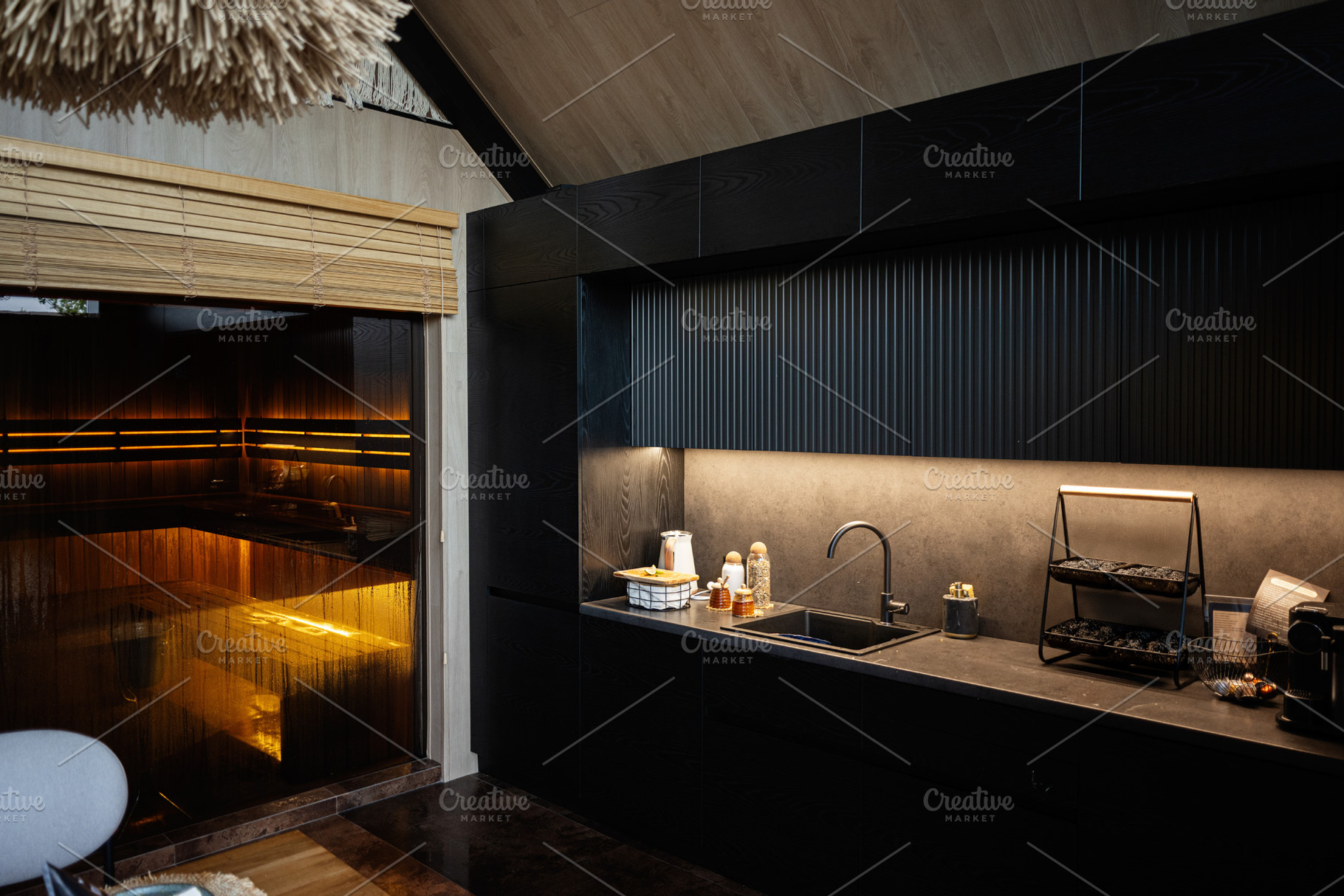 Modern minimalist kitchen with sauna, emphasizing dark colors and functional li, a Photo by AS photostudio