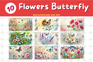Watercolor Flowers Butterfly Backgro