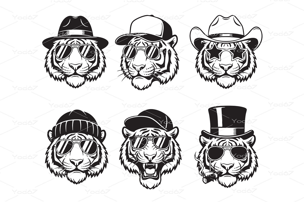 Vector set of cool tiger heads., an Animal Illustration by yod67