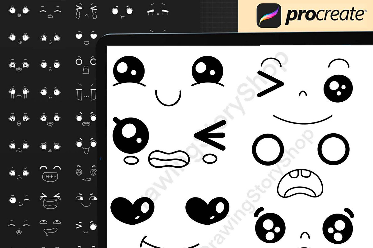 200 Procreate Kawaii Faces Stamps, a Brush Add-On by DrawingStoryShop
