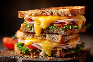 Delicious sandwiches with golden melted cheese and fresh ingredients stacked hi, a Food & Drink Photo by AlyaAnd