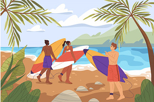 Group of surfers on beach. Vector, an Illustration by Elegant Solution