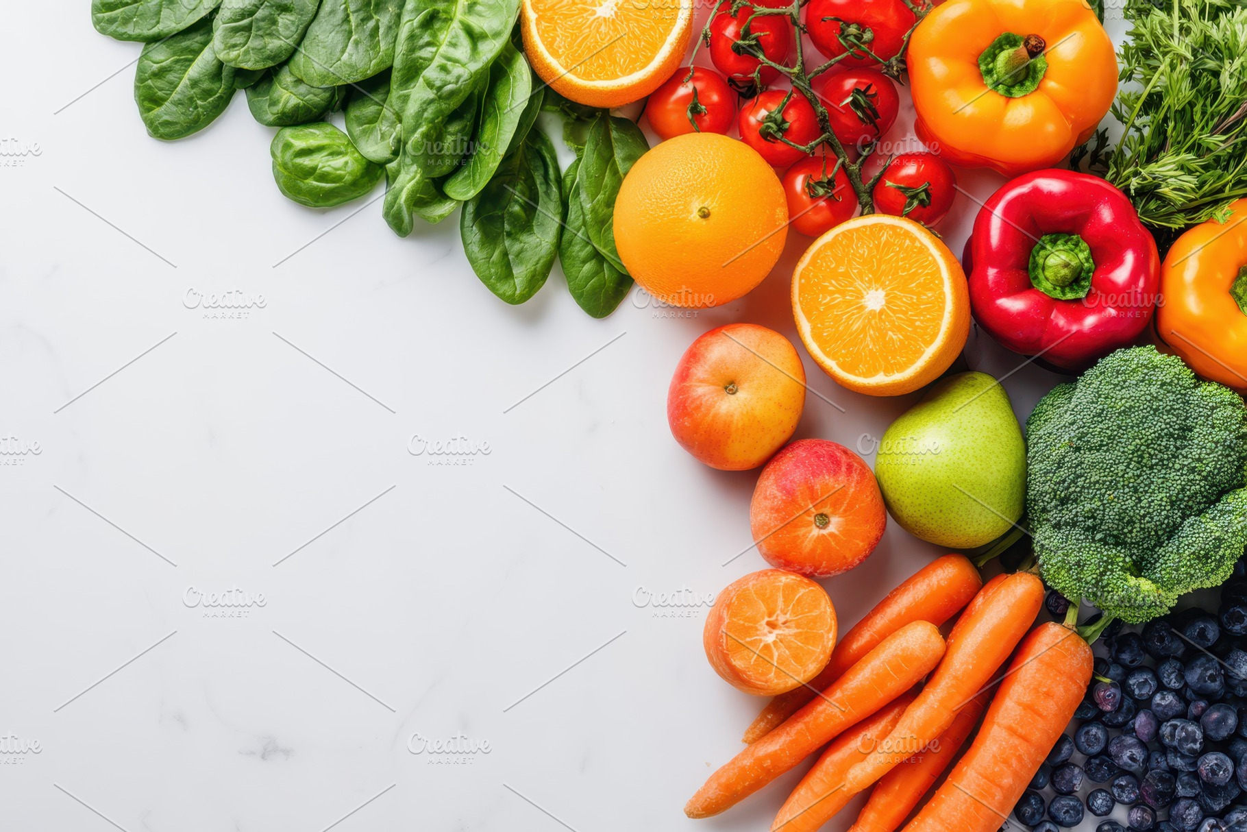 Colorful fresh produce flat lay on white background, a Food & Drink Photo by AlyaAnd
