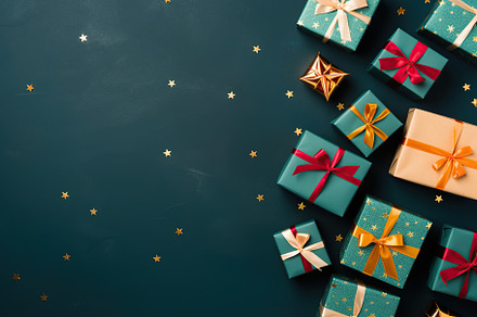 Christmas gift boxes on green background, a Holiday Photo by AlyaAnd