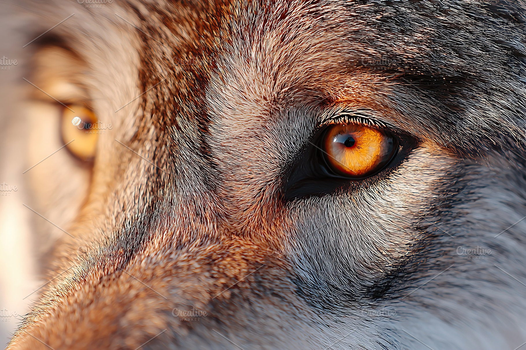 Close-up of a wolf's eye highlighting its striking golden iris and textured fur, an Animal Photo by AlyaAnd