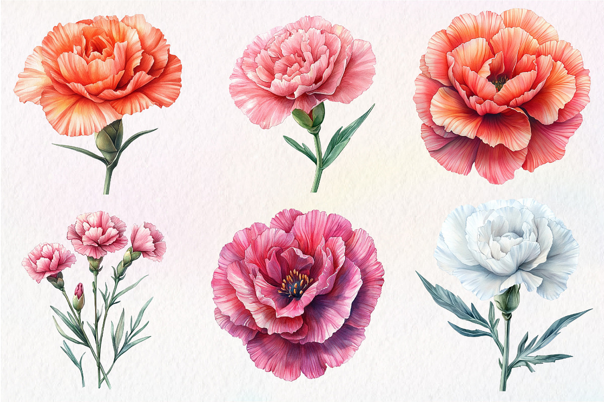 Watercolor Carnation Flower Clipart, an Illustration by Dream Creation (Photo 2 of 6)