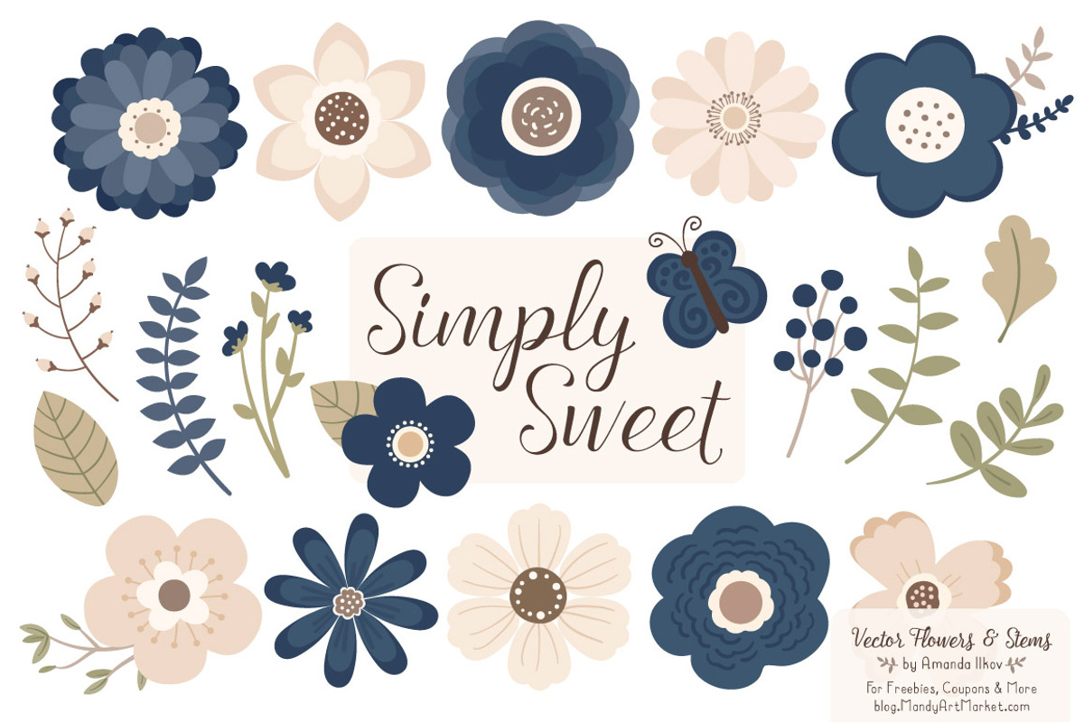 Navy Flowers Clipart & Vectors, an Illustration by Amanda Ilkov (Photo 1 of 4)