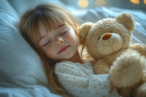Little child girl sleeping with her bear toy, a Person Photo by AlyaAnd
