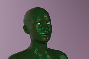 Green circuit humanoid portrait on purple background