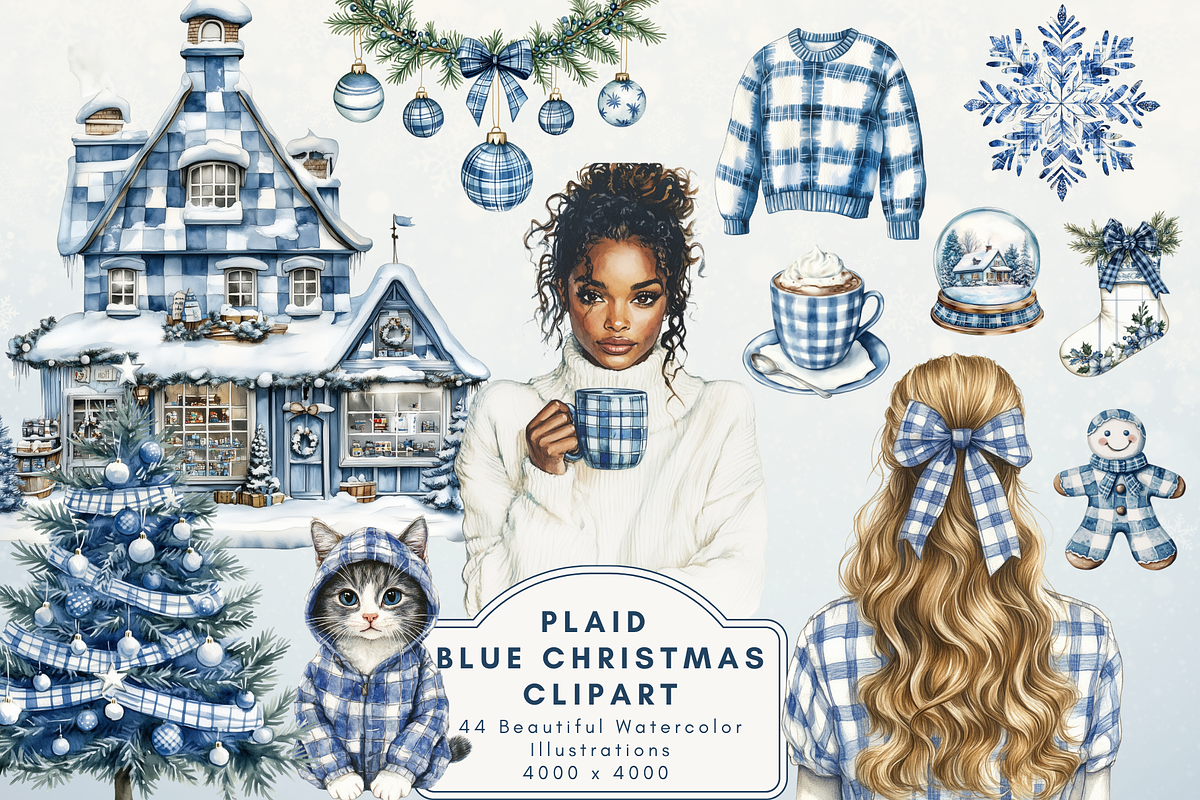 Plaid Blue Christmas Clipart, an Illustration by NadiaTheronArt (Photo 1 of 5)